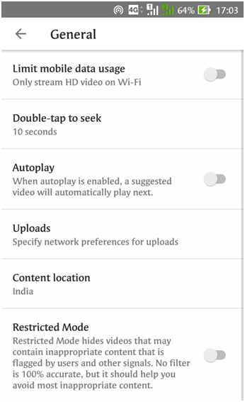 Tap on “General” settings to Setup YouTube Parental Controls Android - Restricted mode filtering YouTube