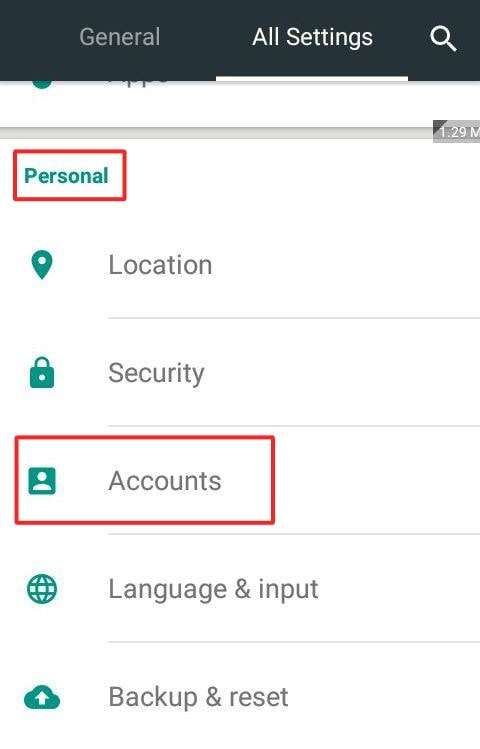 In the Personal section click on Accounts tab - How to Stop Google Play Services Battery Drain – Fix the Issue